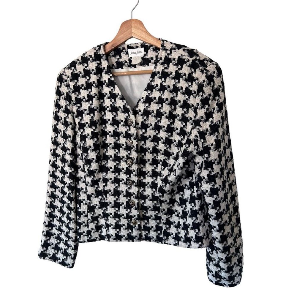 Neiman Marcus Black White Twead Silk Button Front Blazer Size 6 Classic